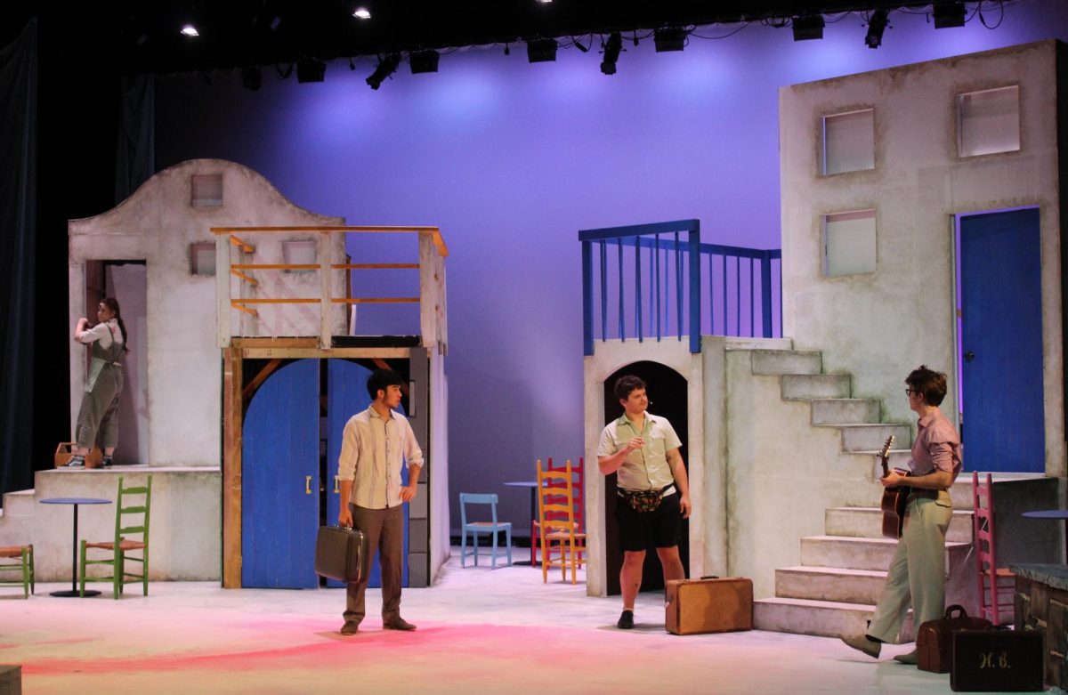 From L to R: Alexander Min (12) plays Sam, Auggie Fleury (11) plays Bill and Zane Kalmus Kunde (12) plays Harry in East Chapel Hill High School's spring musical "Mamma Mia!"