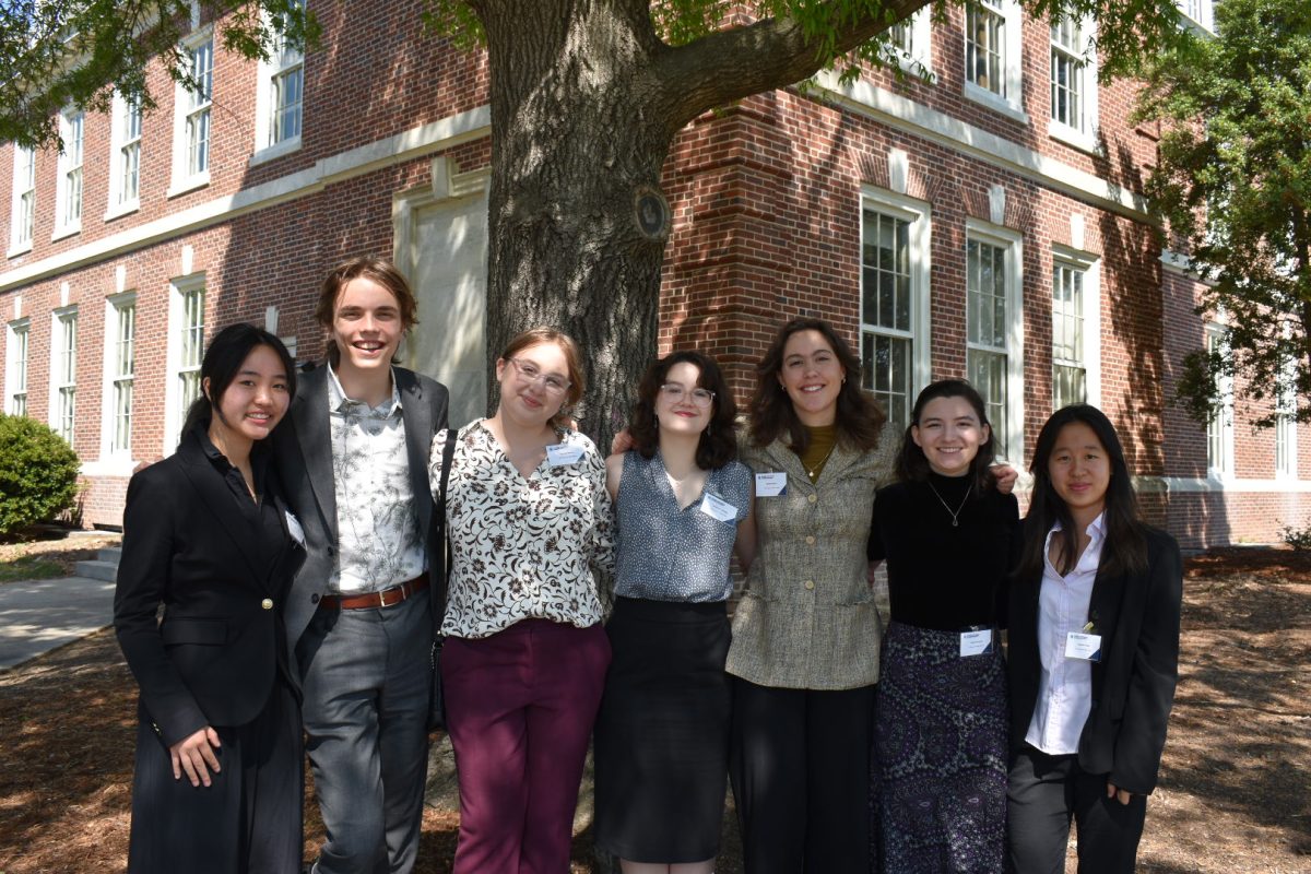 The Ethics Club nationals team pictured left to right: April Zhang, Noel Neville, Eleanor Brown, Adeline Delafield, Mizell Hassel, Fiona Pomykal, Isabella Shen